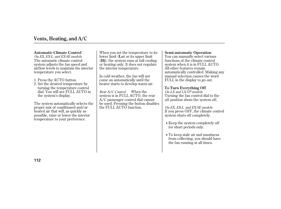 Vents, heating, and a/c | HONDA 00X31-S9V-6502 User Manual | Page 118 / 330