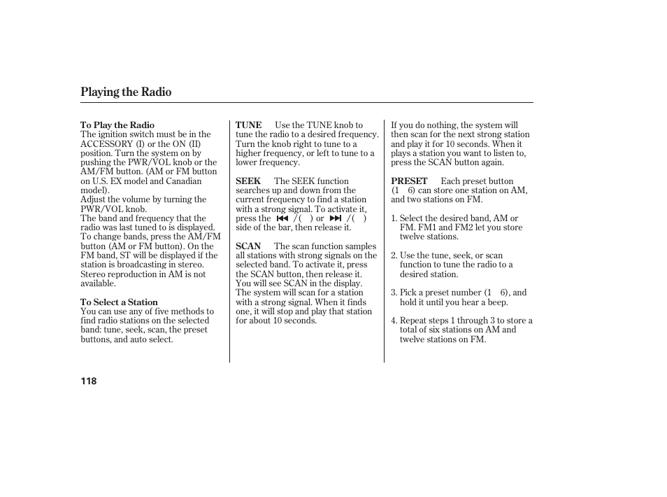 Playing the radio | HONDA 00X31-S9V-6502 User Manual | Page 124 / 330