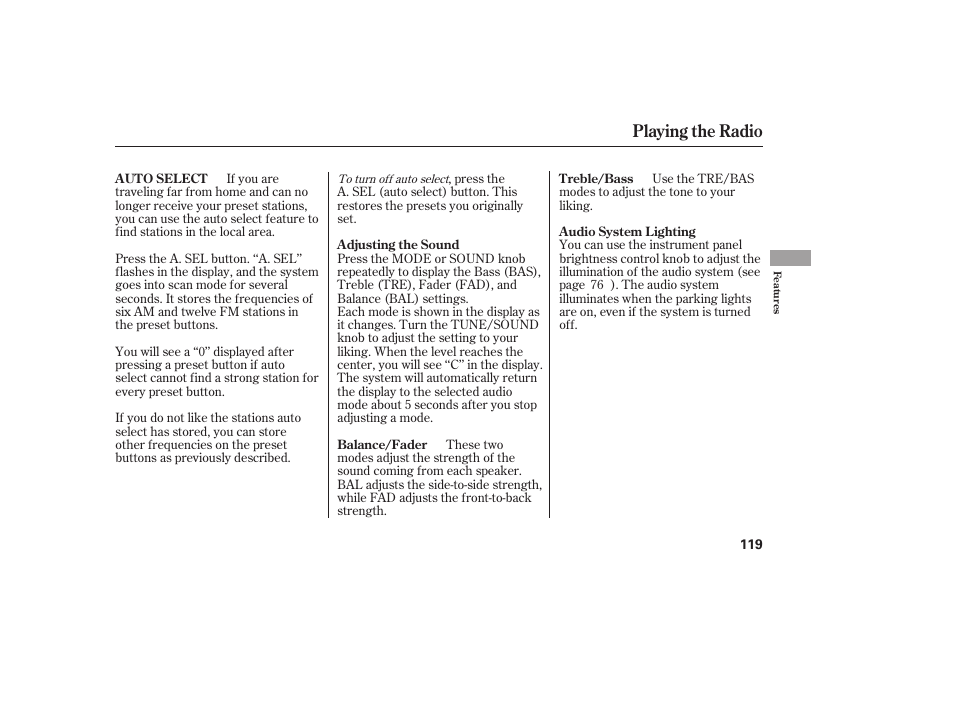 Playing the radio | HONDA 00X31-S9V-6502 User Manual | Page 125 / 330