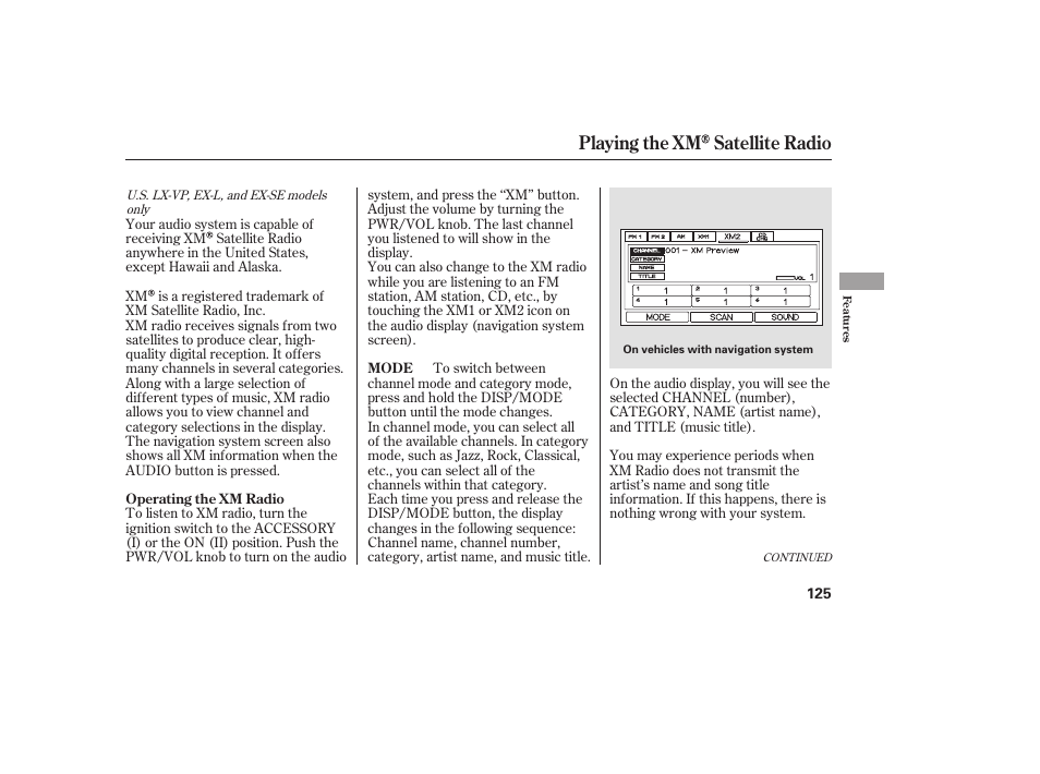 Playing the xm satellite radio | HONDA 00X31-S9V-6502 User Manual | Page 131 / 330