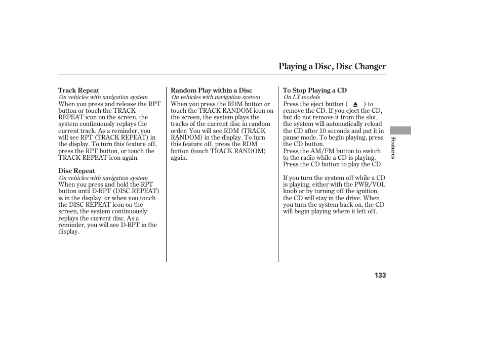 Playing a disc, disc changer | HONDA 00X31-S9V-6502 User Manual | Page 139 / 330