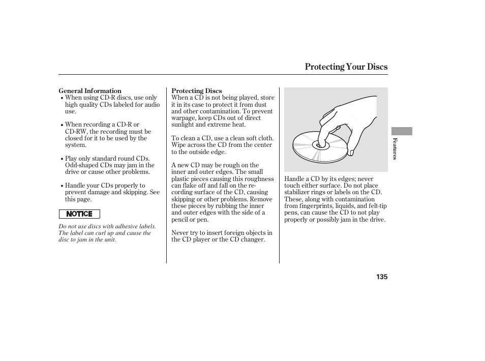 Protecting your discs | HONDA 00X31-S9V-6502 User Manual | Page 141 / 330