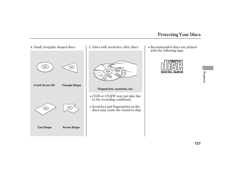 Protecting your discs | HONDA 00X31-S9V-6502 User Manual | Page 143 / 330