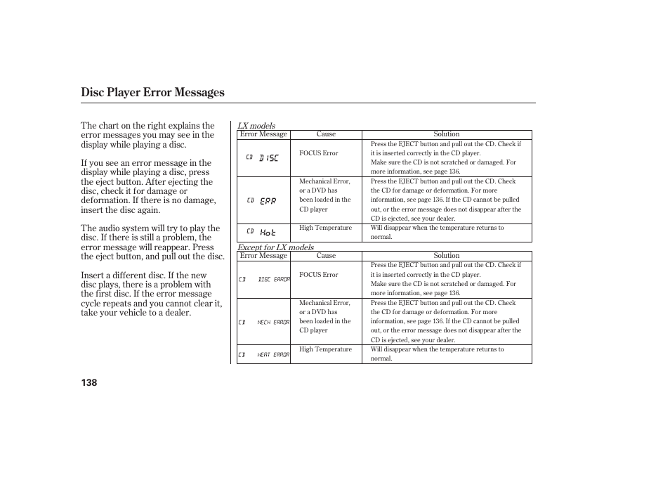 Disc player error messages | HONDA 00X31-S9V-6502 User Manual | Page 144 / 330