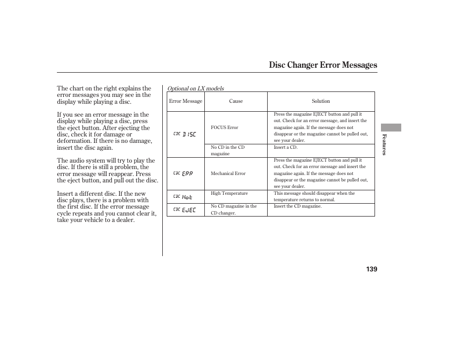 Disc changer error messages | HONDA 00X31-S9V-6502 User Manual | Page 145 / 330