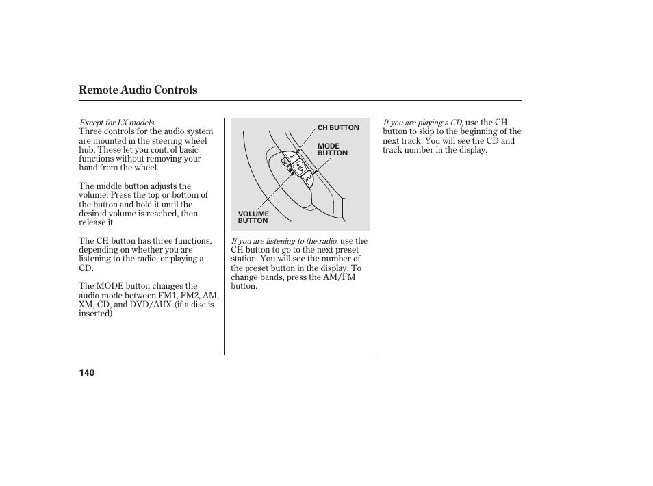 Remote audio controls | HONDA 00X31-S9V-6502 User Manual | Page 146 / 330