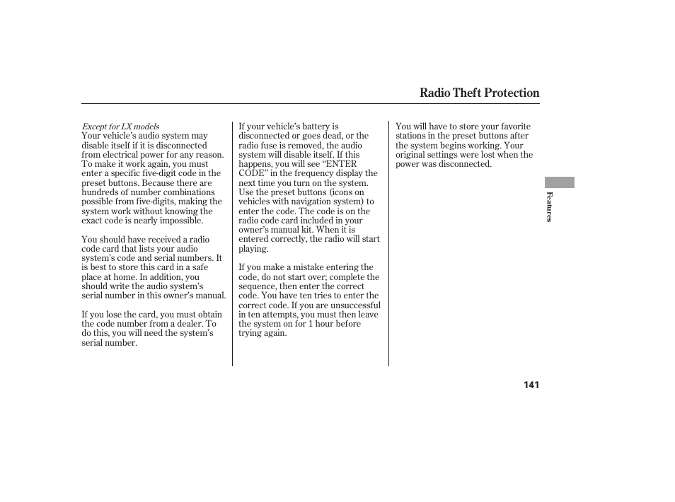 Radio theft protection | HONDA 00X31-S9V-6502 User Manual | Page 147 / 330