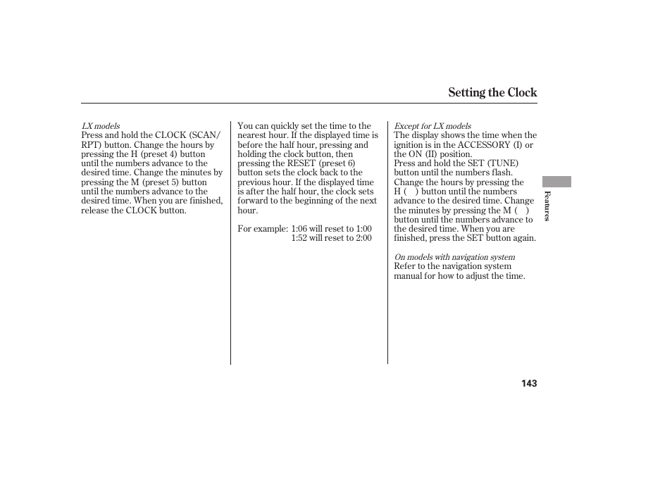 Setting the clock | HONDA 00X31-S9V-6502 User Manual | Page 149 / 330