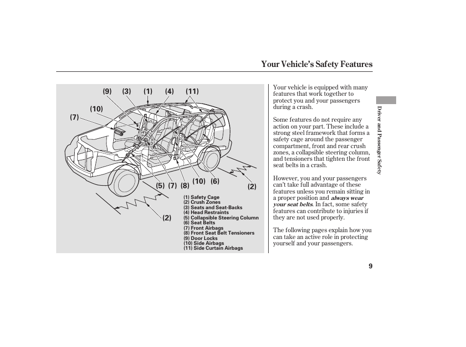 Your vehicle’s safety features | HONDA 00X31-S9V-6502 User Manual | Page 15 / 330