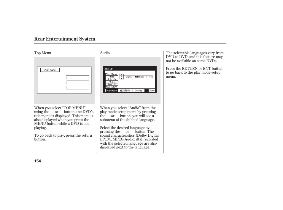 Rear entertainment system | HONDA 00X31-S9V-6502 User Manual | Page 160 / 330