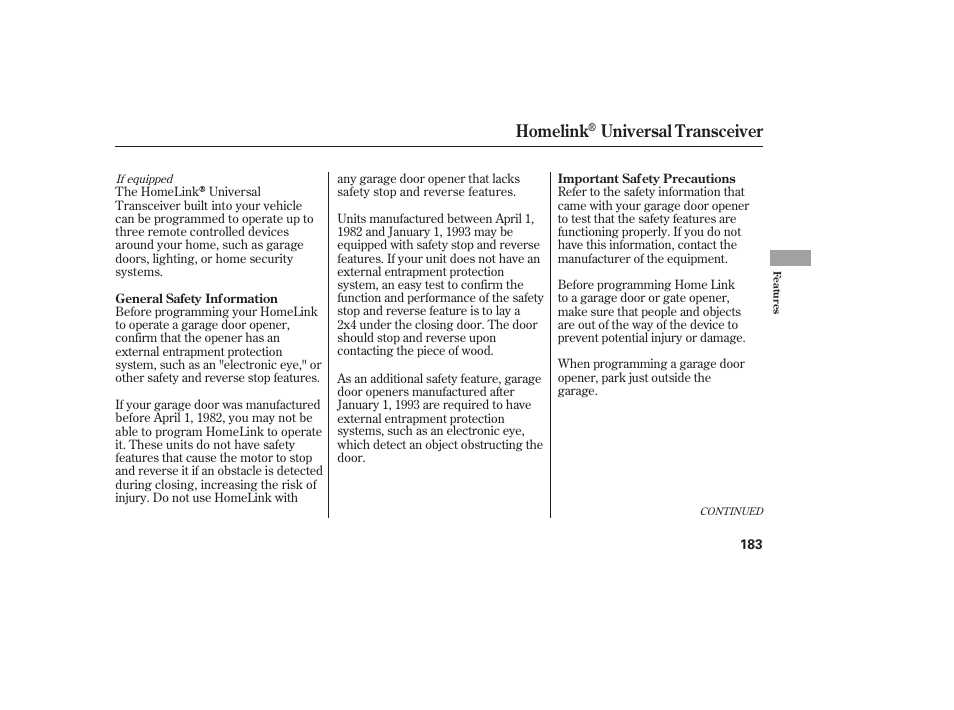 Homelink, Universal transceiver | HONDA 00X31-S9V-6502 User Manual | Page 189 / 330