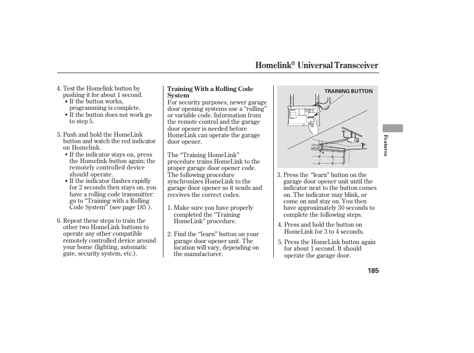 Homelink, Universal transceiver | HONDA 00X31-S9V-6502 User Manual | Page 191 / 330