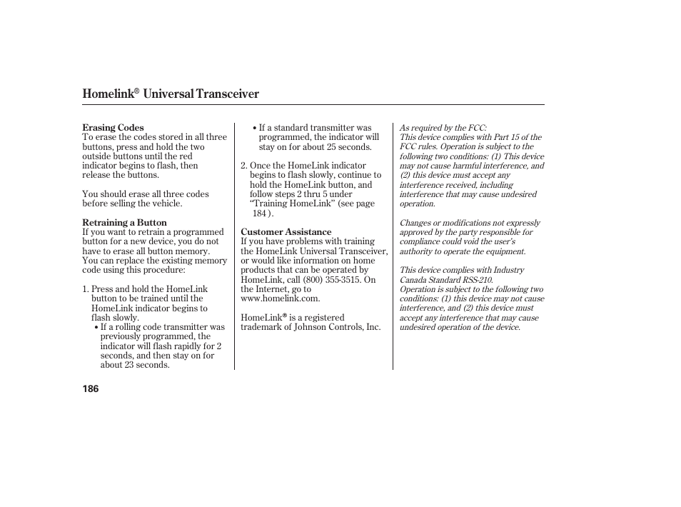 Homelink, Universal transceiver | HONDA 00X31-S9V-6502 User Manual | Page 192 / 330