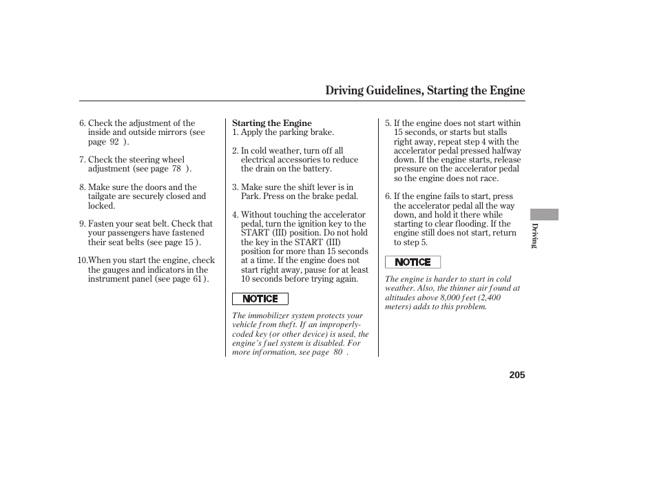 Driving guidelines, starting the engine | HONDA 00X31-S9V-6502 User Manual | Page 211 / 330