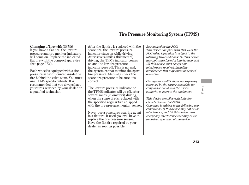 Tire pressure monitoring system (tpms) | HONDA 00X31-S9V-6502 User Manual | Page 219 / 330