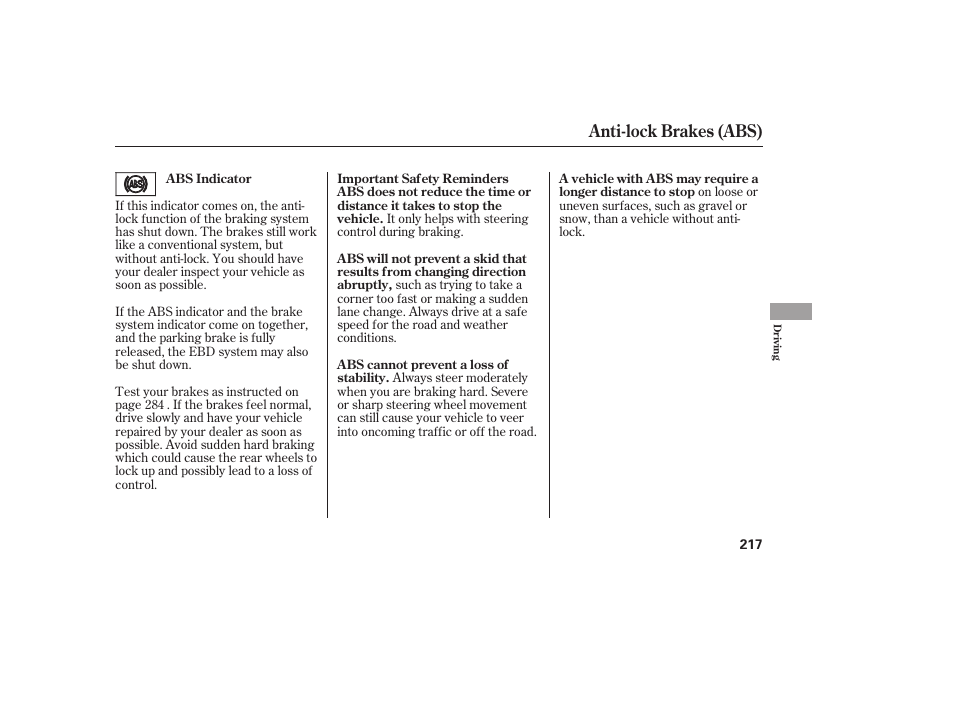 Anti-lock brakes (abs) | HONDA 00X31-S9V-6502 User Manual | Page 223 / 330