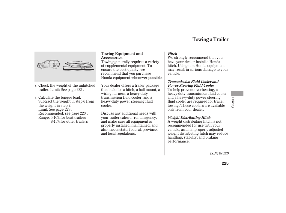 Towing a trailer | HONDA 00X31-S9V-6502 User Manual | Page 231 / 330