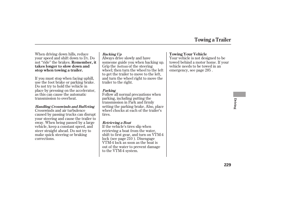 Towing a trailer | HONDA 00X31-S9V-6502 User Manual | Page 235 / 330