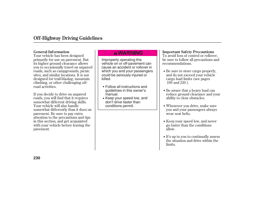 Off-highway driving guidelines | HONDA 00X31-S9V-6502 User Manual | Page 236 / 330