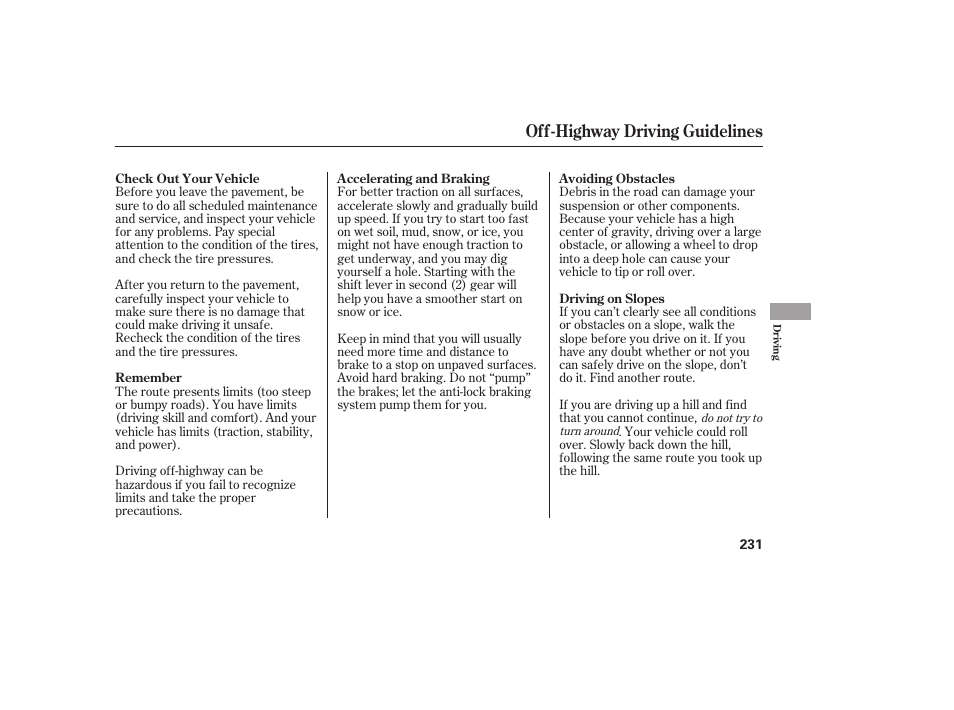 Off-highway driving guidelines | HONDA 00X31-S9V-6502 User Manual | Page 237 / 330