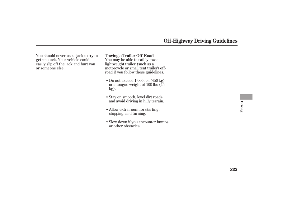 Off-highway driving guidelines | HONDA 00X31-S9V-6502 User Manual | Page 239 / 330