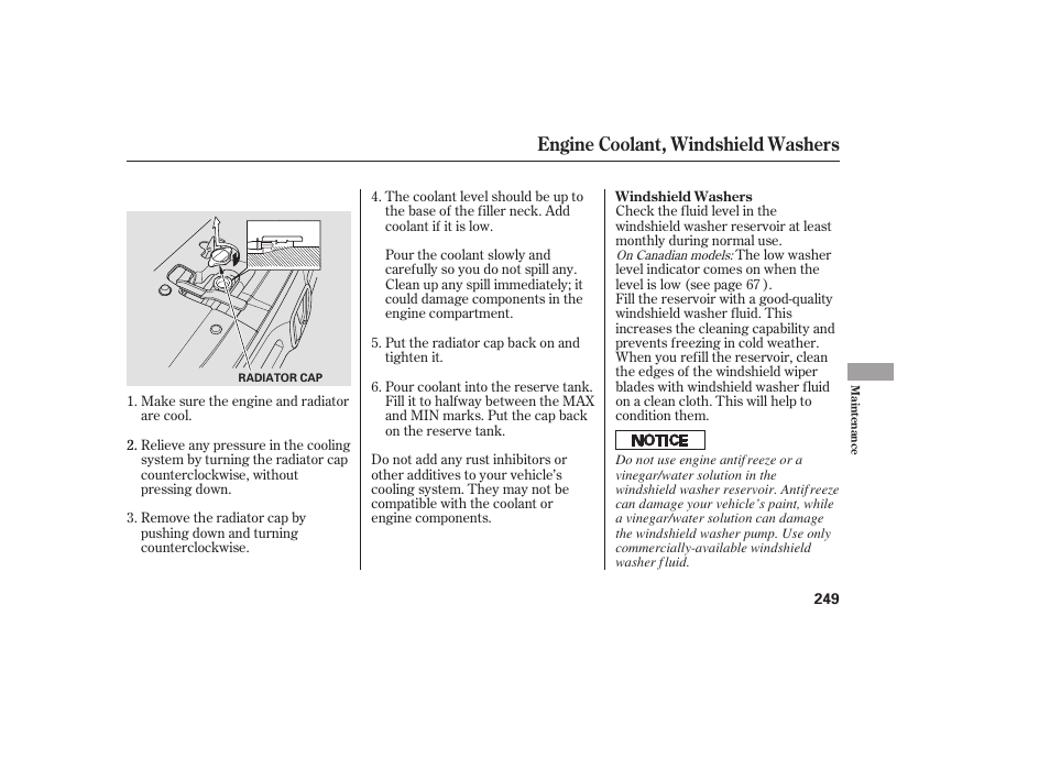 Engine coolant, windshield washers | HONDA 00X31-S9V-6502 User Manual | Page 255 / 330