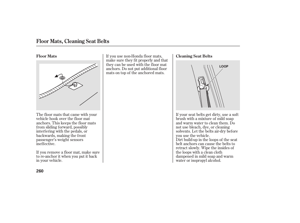 Floor mats, cleaning seat belts | HONDA 00X31-S9V-6502 User Manual | Page 266 / 330