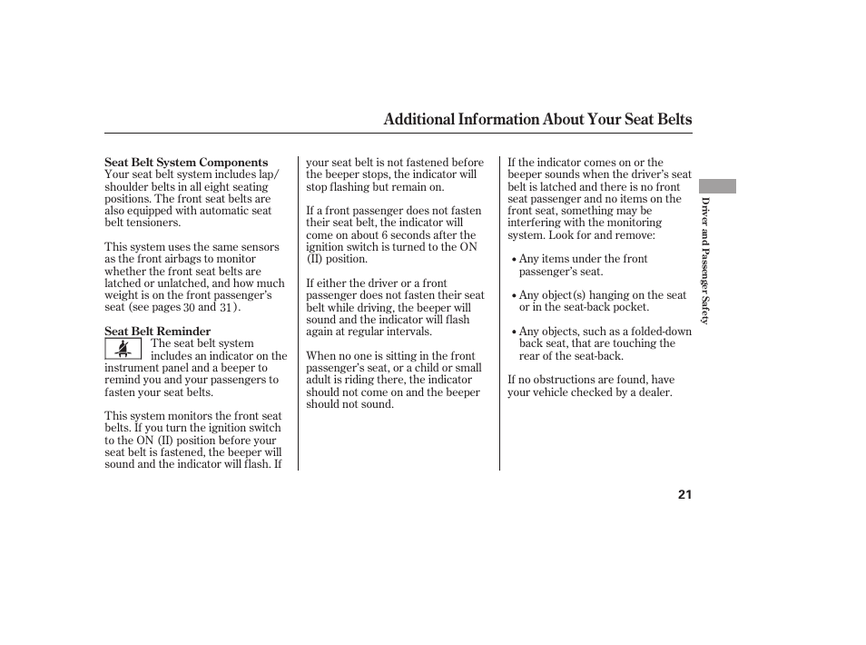 Additional information about your seat belts | HONDA 00X31-S9V-6502 User Manual | Page 27 / 330