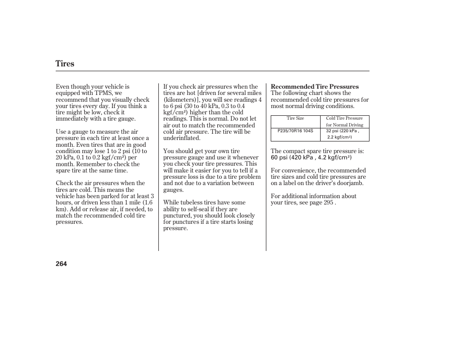 Tires | HONDA 00X31-S9V-6502 User Manual | Page 270 / 330