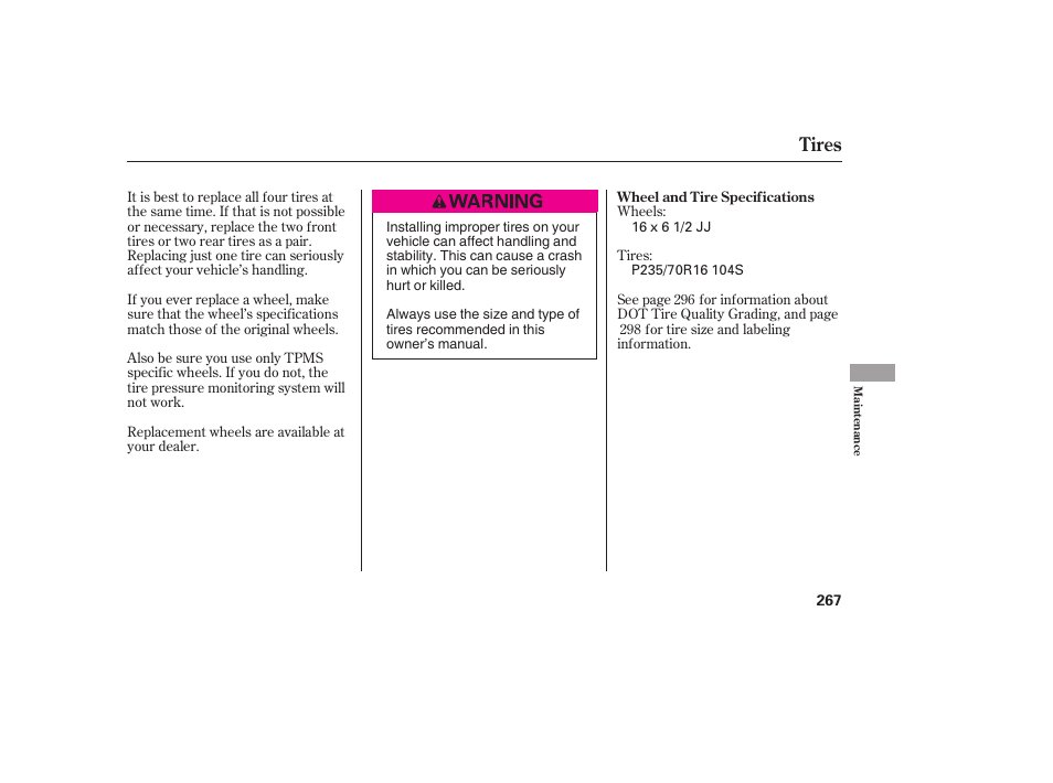 Tires | HONDA 00X31-S9V-6502 User Manual | Page 273 / 330