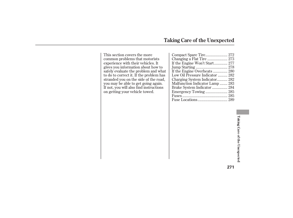 Taking care of the unexpected | HONDA 00X31-S9V-6502 User Manual | Page 277 / 330