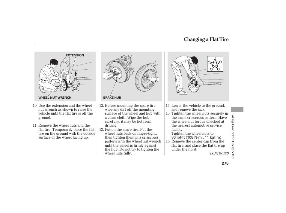 Changing a flat tire | HONDA 00X31-S9V-6502 User Manual | Page 281 / 330