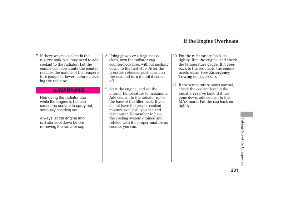 If the engine overheats | HONDA 00X31-S9V-6502 User Manual | Page 287 / 330