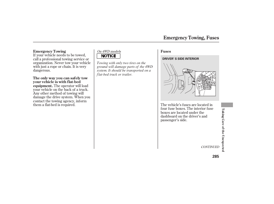 Emergency towing, fuses | HONDA 00X31-S9V-6502 User Manual | Page 291 / 330