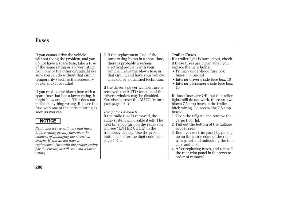 Fuses | HONDA 00X31-S9V-6502 User Manual | Page 294 / 330