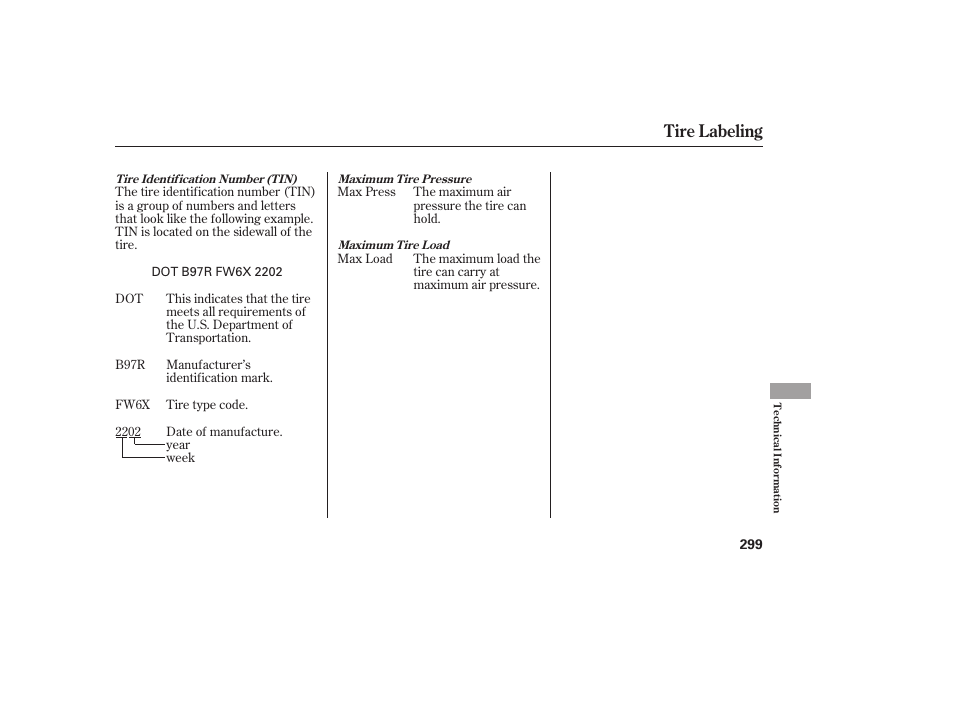 Tire labeling | HONDA 00X31-S9V-6502 User Manual | Page 305 / 330