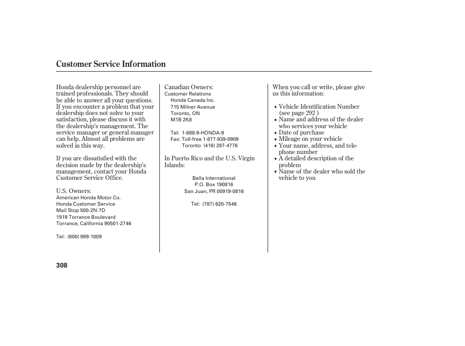 Customer service information | HONDA 00X31-S9V-6502 User Manual | Page 314 / 330