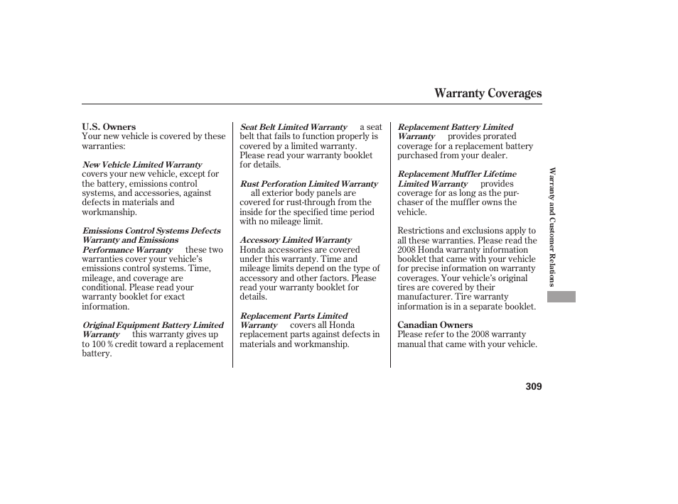 Warranty coverages | HONDA 00X31-S9V-6502 User Manual | Page 315 / 330