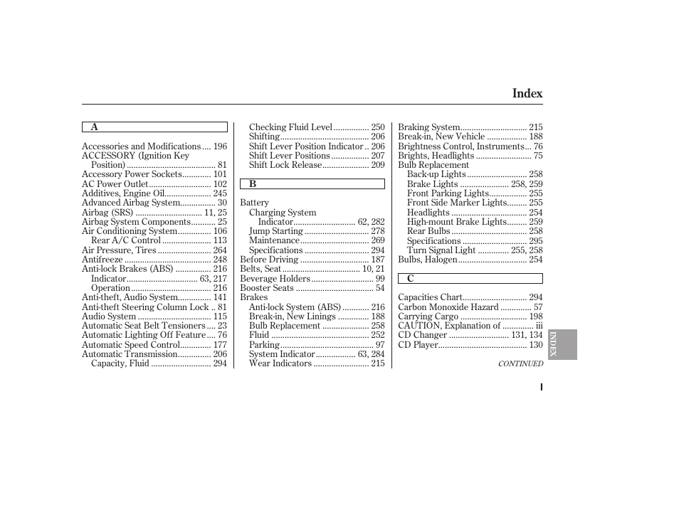 Index | HONDA 00X31-S9V-6502 User Manual | Page 319 / 330