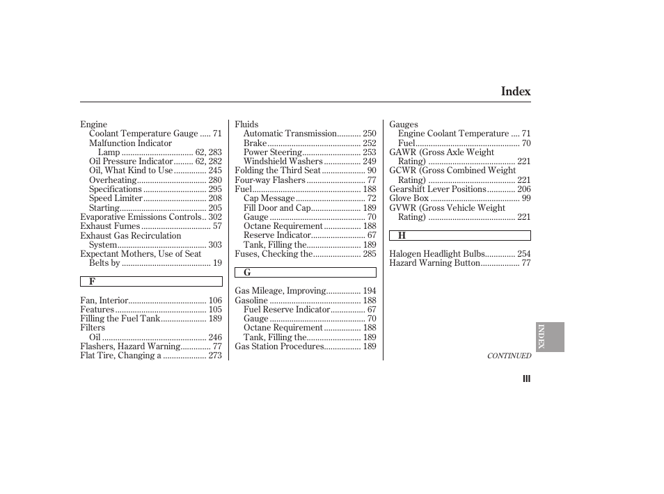 Index | HONDA 00X31-S9V-6502 User Manual | Page 321 / 330