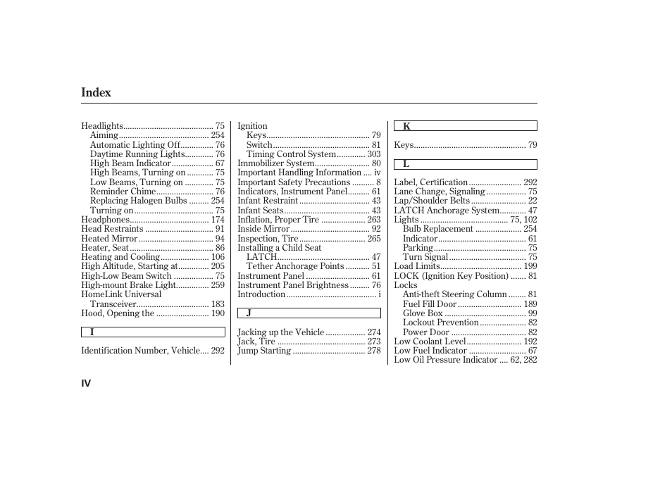 Index | HONDA 00X31-S9V-6502 User Manual | Page 322 / 330