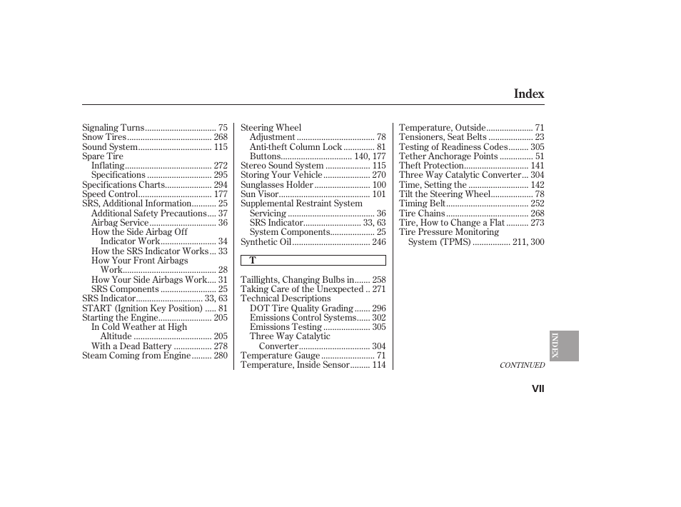 Index | HONDA 00X31-S9V-6502 User Manual | Page 325 / 330