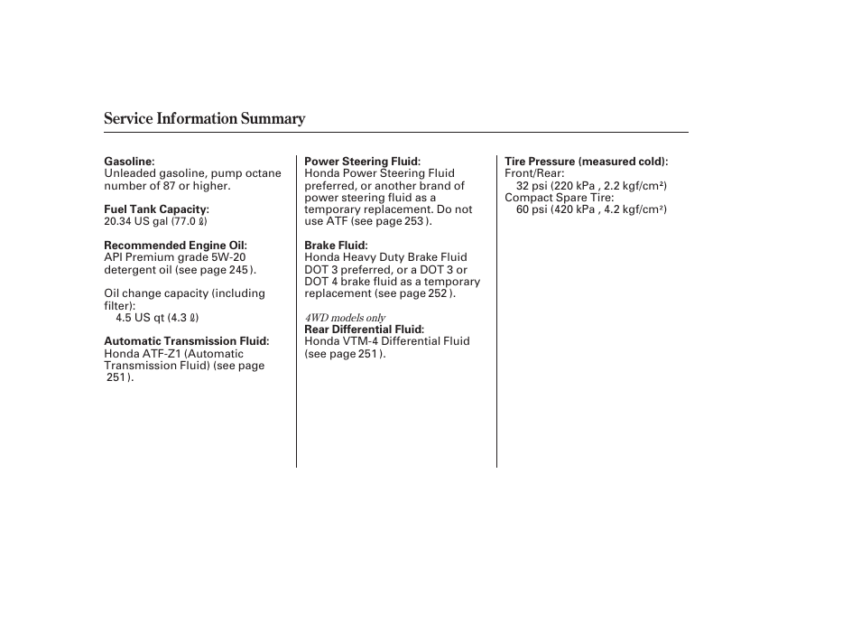 Service information summary | HONDA 00X31-S9V-6502 User Manual | Page 330 / 330