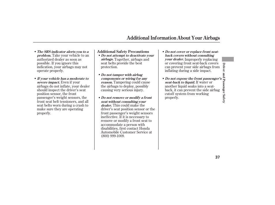 Additional information about your airbags | HONDA 00X31-S9V-6502 User Manual | Page 43 / 330