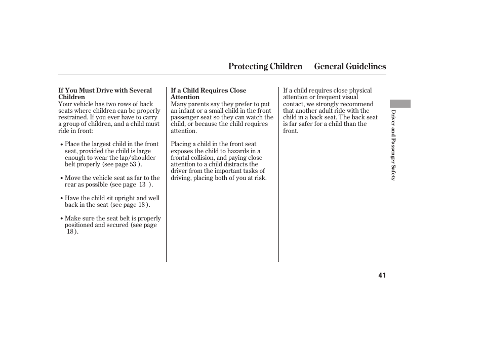 Protecting children general guidelines | HONDA 00X31-S9V-6502 User Manual | Page 47 / 330