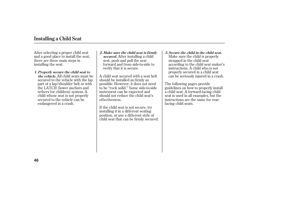 Installing a child seat | HONDA 00X31-S9V-6502 User Manual | Page 52 / 330