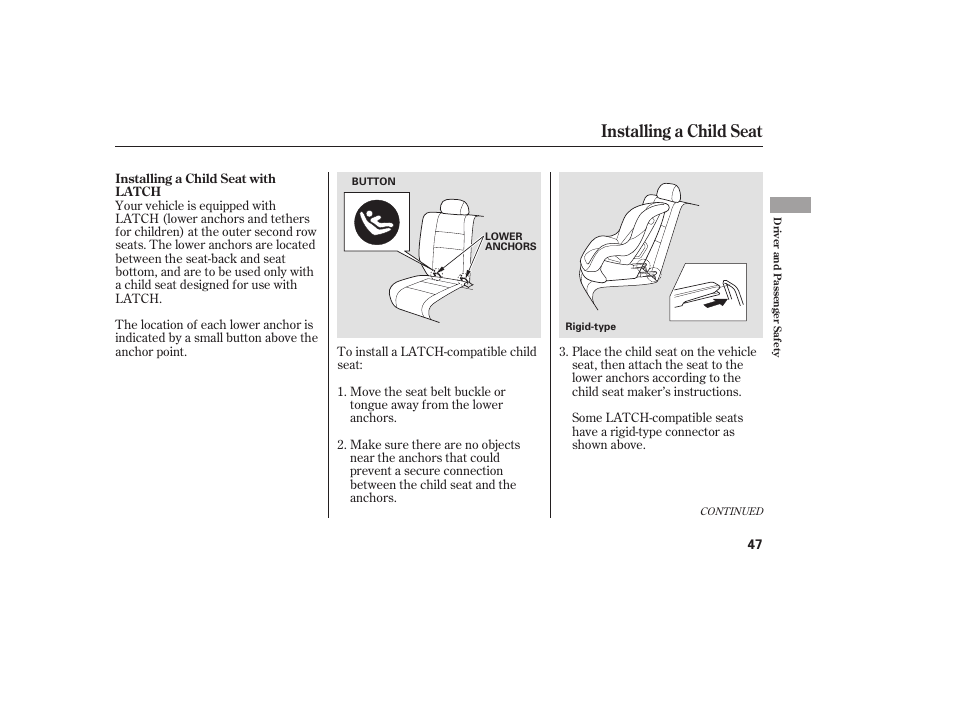 Installing a child seat | HONDA 00X31-S9V-6502 User Manual | Page 53 / 330