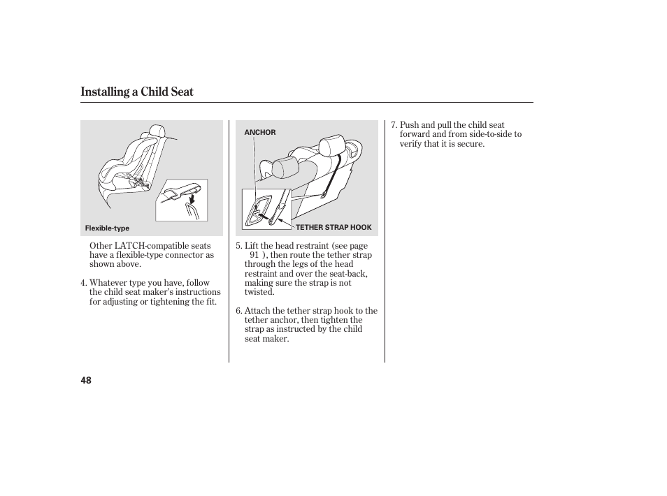 Installing a child seat | HONDA 00X31-S9V-6502 User Manual | Page 54 / 330