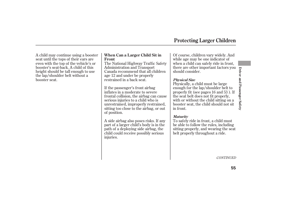 Protecting larger children | HONDA 00X31-S9V-6502 User Manual | Page 61 / 330