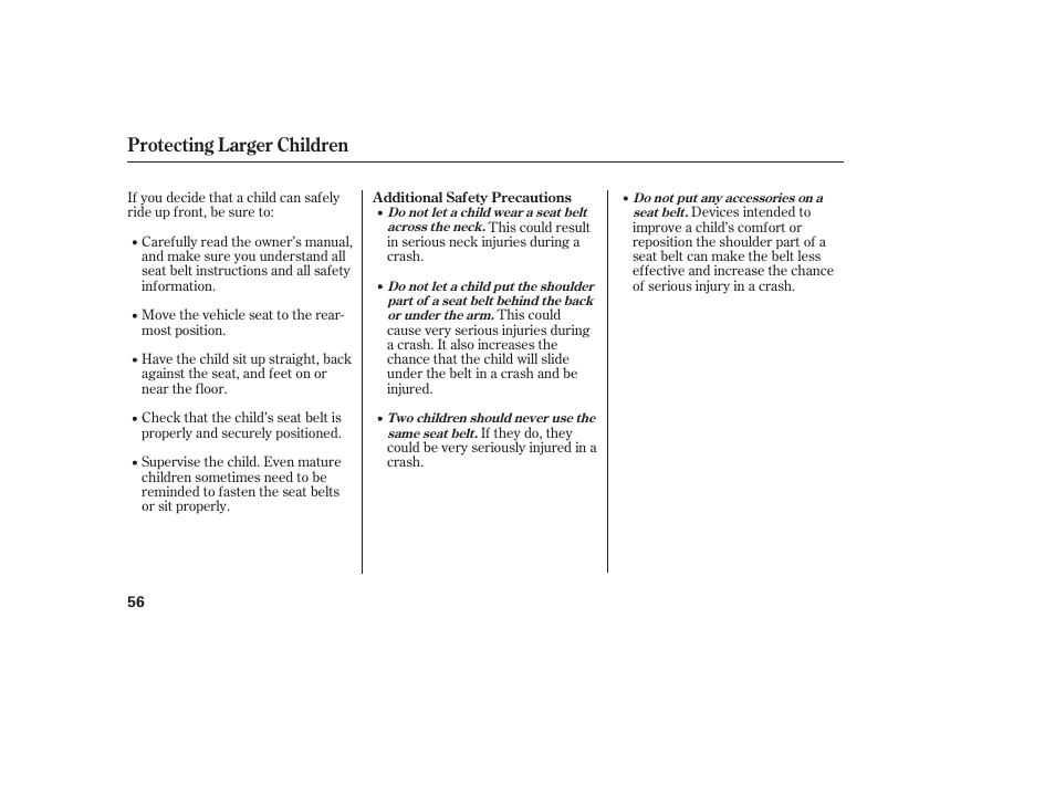 Protecting larger children | HONDA 00X31-S9V-6502 User Manual | Page 62 / 330